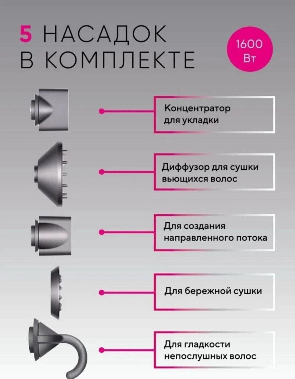 Интелектуальный фен для волос Super Hair Dryer 1600 Вт, 3 режима, 5 магнитных насадок, ионизация воздуха