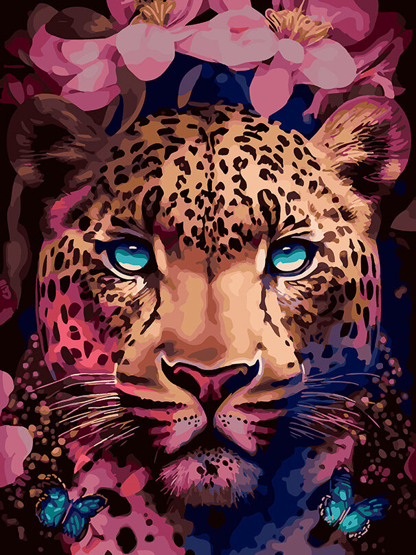 Картина по номерам Белоснежка «Цветочный леопард» (40х30 см, Холст на подрамнике)