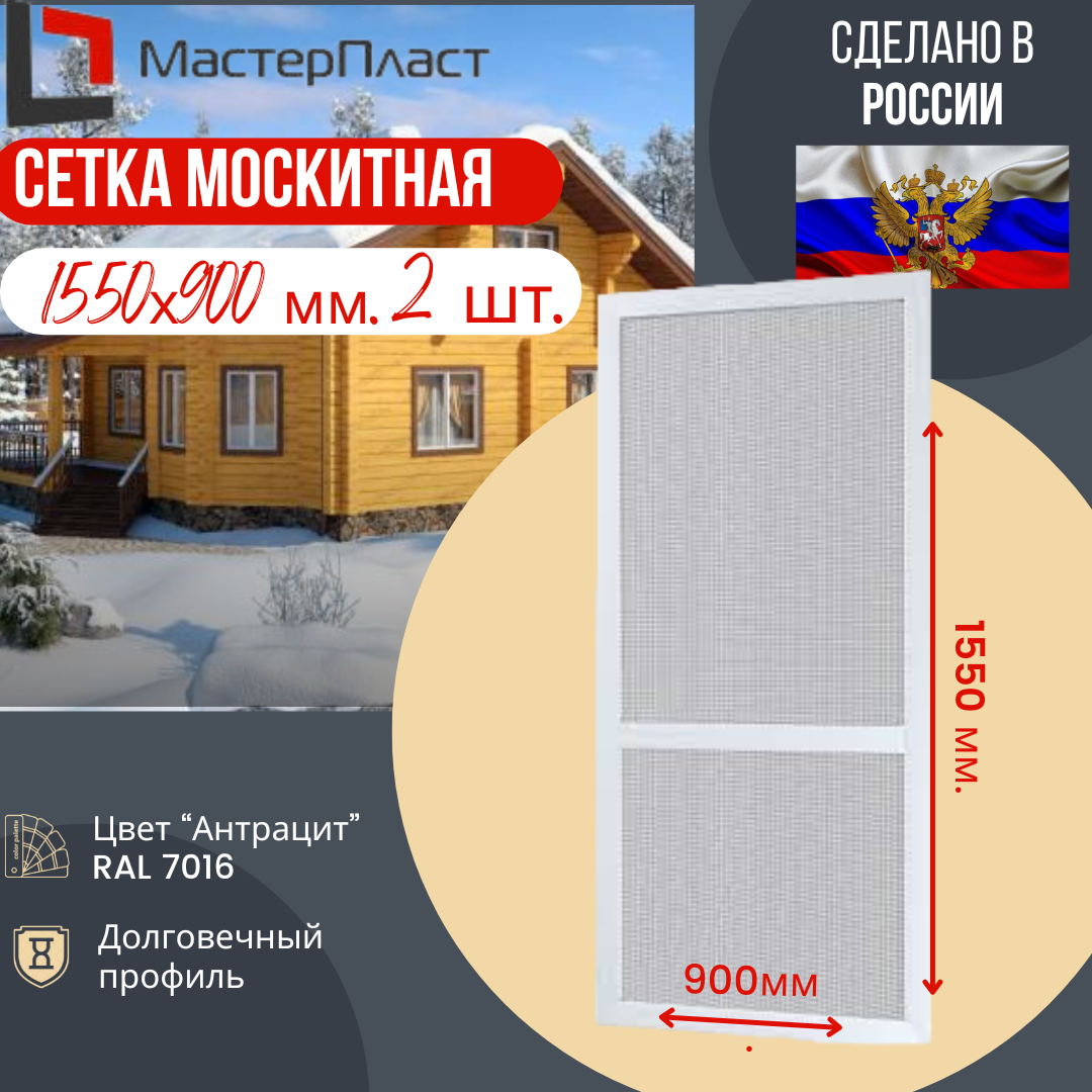 Сетка москитная для окна размером 1550х900 2 шт. / Москитная сетка на окна для самостоятельной сборки 2 шт.