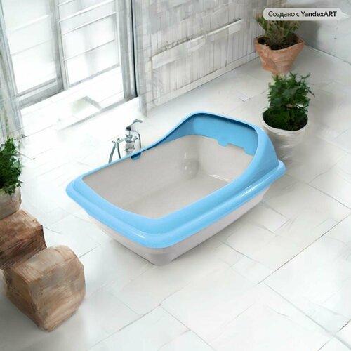 Туалет для кошек прямоугольный с ассиметричным бортом "Волна", серый/голубой, 455*350*200мм, 1шт