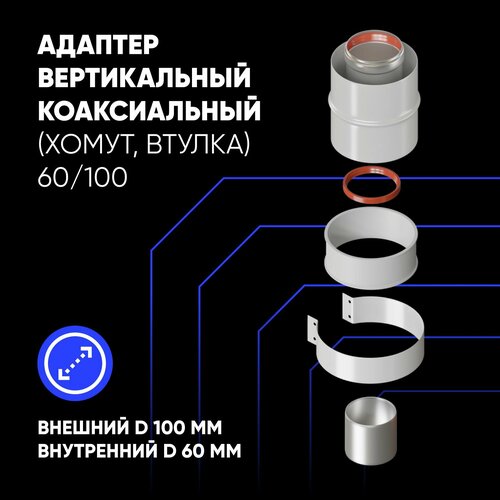 Адаптер вертикальный коаксиальный 60/100 (Baxi(кроме ECO Nova/Classic), Ariston, Kiturami, Arderia и др.) хомут+втулка