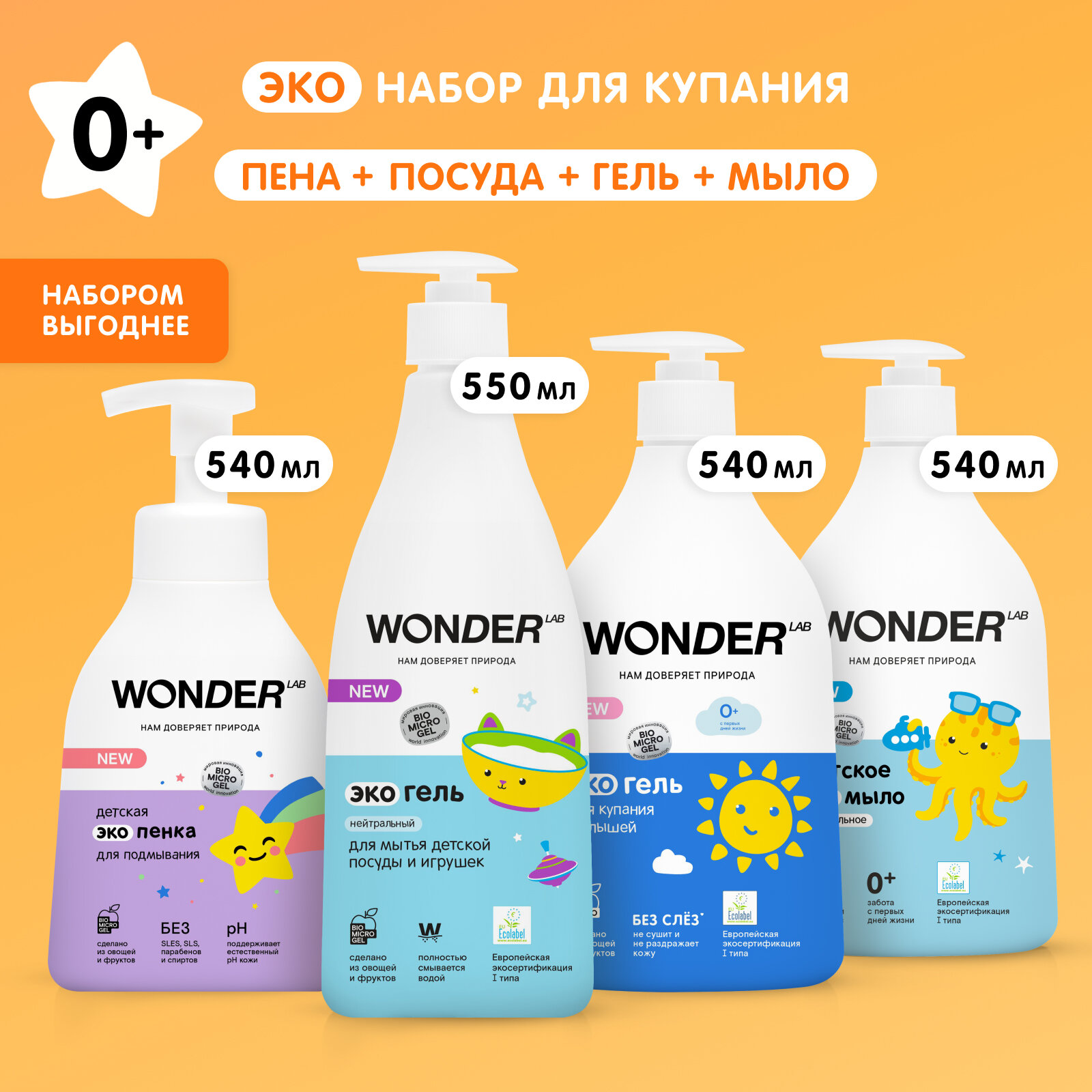 WONDER LAB Набор Детские экосредства для малышей (экогель для купания, экомыло нейтральное, экопена для подмывания, экогель для игрушек)