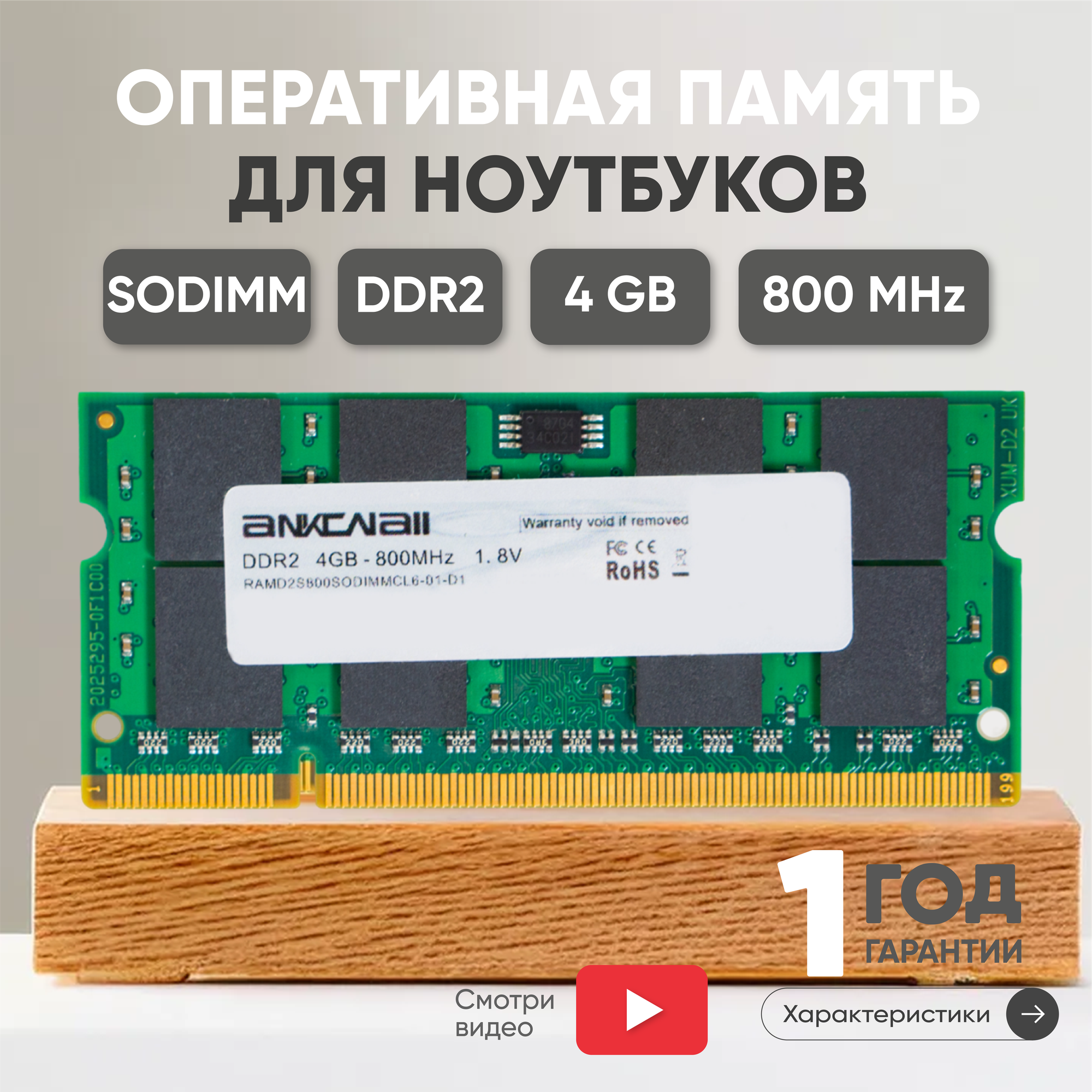 Модуль памяти Ankowall SODIMM DDR2, 4ГБ, 800МГц, PC2-6400