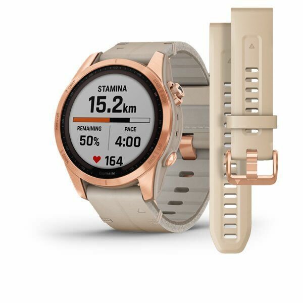 Часы Garmin FENIX 7S Sapphire Solar титановый цвета розовое золото с песчаным кожаным ремешком (010-02539-35)