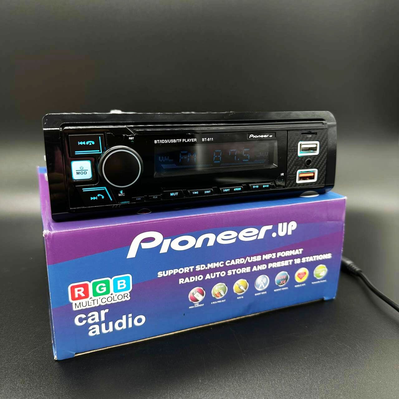 фото Процессорная автомагнитола 1 дин Bluetooth, AUX, USB, 7 цветов подсветки, громкая связь, пульт ДУ