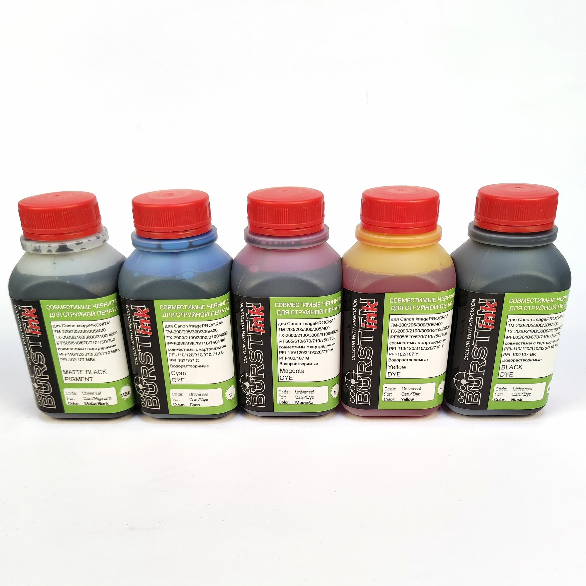 Чернила для Canon TM-200, TM-205, TM-240, TM-250, TM-255, TM-300, TM-305, TM-340, TM-350, TM-355, iPF605, iPF710, iPF670, iPF770, iPF610, картриджи PFI-110, PFI-120, PFI-310 PFI-320 PFI-710 PFI-102 PFI-303 PFI-107 PFI-104 PFI-307 Bursten пигментно-водные — фото 1