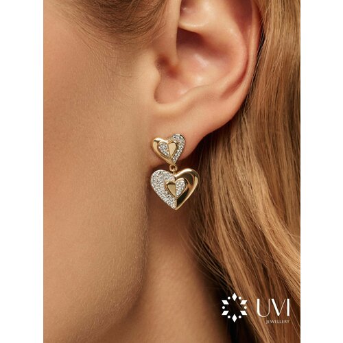 Серьги пусеты UVI jewellery, желтое золото, 585 проба, фианит, длина 2 см, , желтый, золотистый, бесцветный