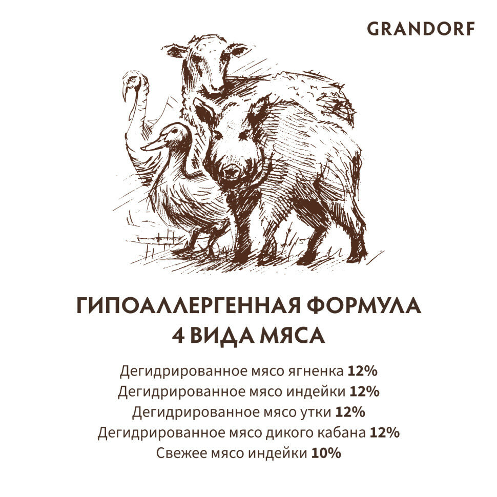 Grandorf сухой корм для взрослых собак средних и крупных пород с четырьмя видами мяса - 3 кг — фото 1