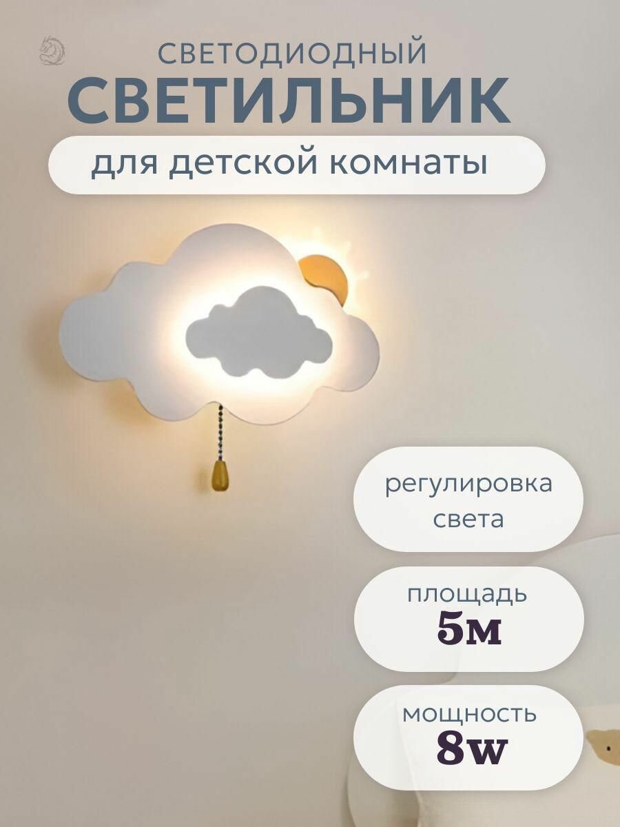 Детский настенный светильник "Облако" с регулировкой яркости — уютный ночник с веревочным выключателем
