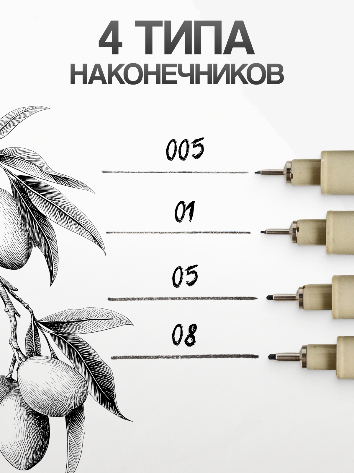 Draw Me, Набор капиллярных ручек, линеров, кистей для рисования, каллиграфии, дотворка и черчения, разных размеров, 4шт — фото 1