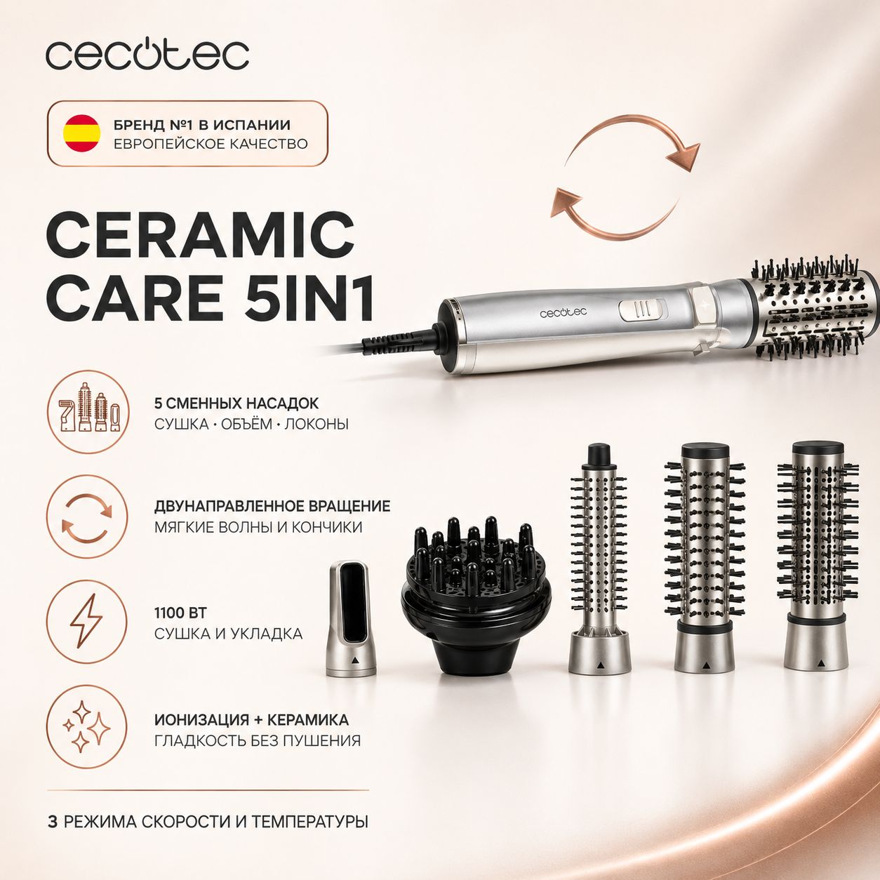 Стайлер Cecotec Ceramic Care 5in1 AirBrush Gyro A01_EU01_116276