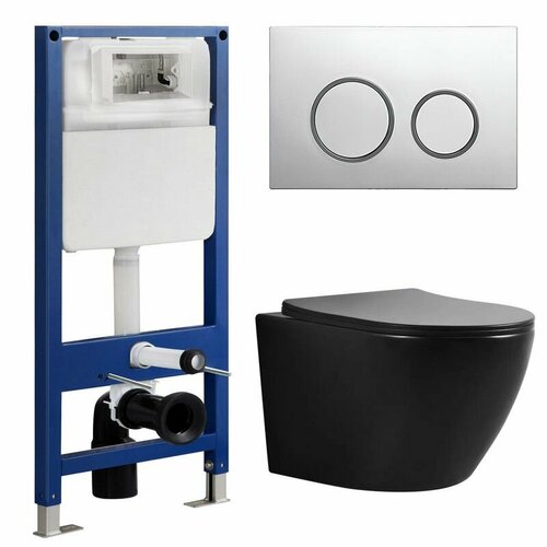 Комплект SinteSi 4 в 1: инсталляция Sintesi, унитаз безободковый EVI черный матовый, сиденье микролифт, кнопка смыва FB-BRC-504, хром