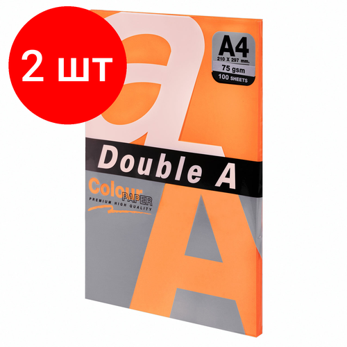Комплект 2 шт, Бумага цветная DOUBLE A, А4, 75 г/м2, 100 л, неон, оранжевая