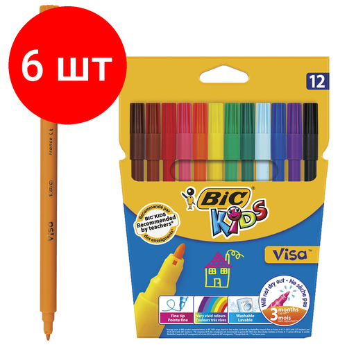 Комплект 6 шт, Фломастеры BIC Kids Visa, 12 цветов, суперсмываемые, вентилируемый колпачок, европодвес, 889695, 888695 фломастеры bic visa 12шт 888695