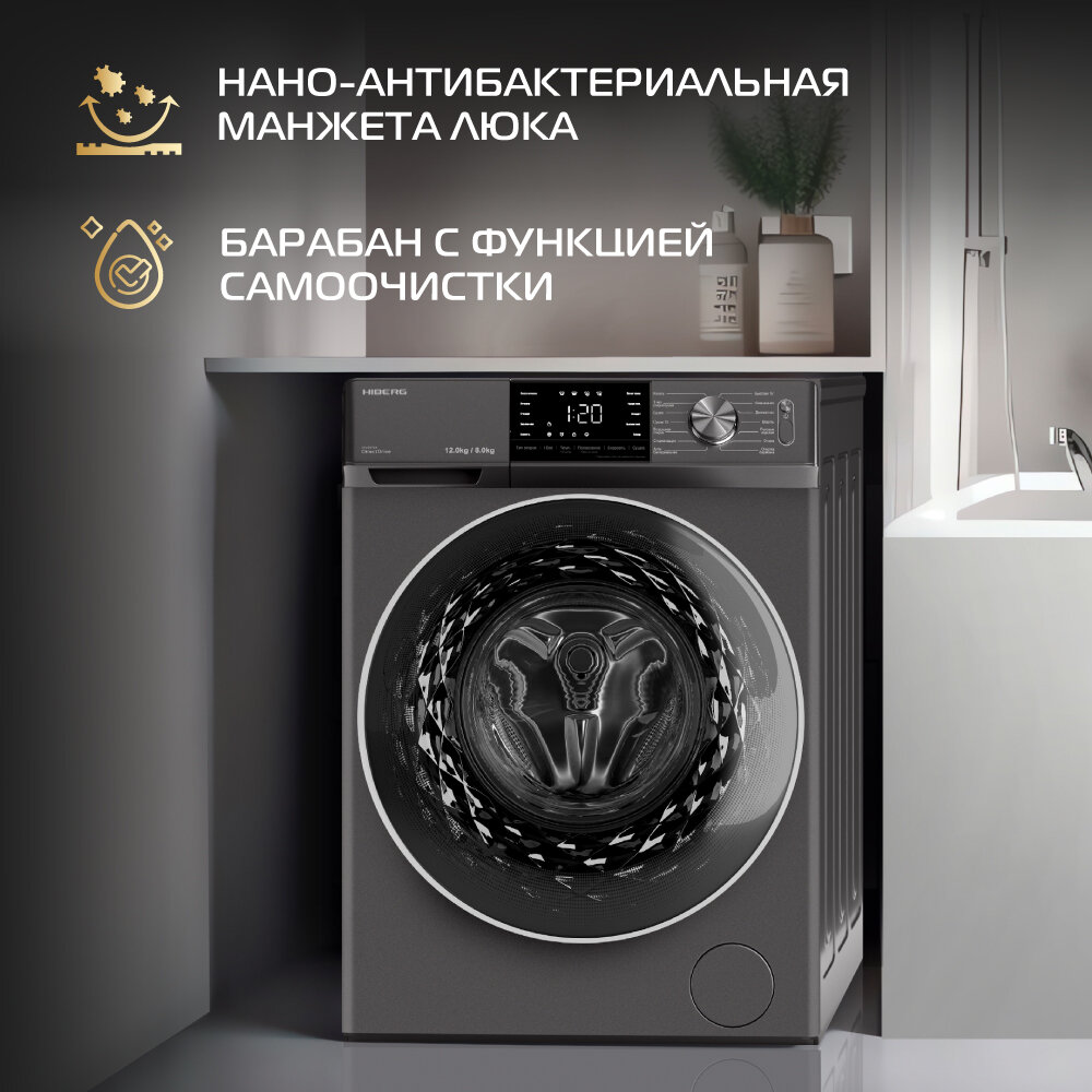 Стиральная машина с сушкой HIBERG i-DDQ6A - 12814 Sd, инвертор, прямой привод, 12 кг, темно-серый — фото 10