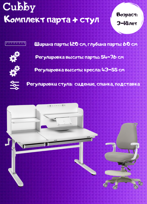 Комплект парта Iris II Grey + кресло Paeonia Grey с подлокотниками