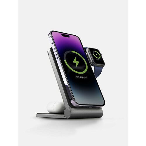 Беспроводная зарядка EnergEA MagTrio 3in1 magnetic wireless foldable charger 15W, серая joyroom зарядное устройство apple watch 1 5м белый s iw002s