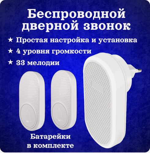 Изображение товара Звонок беспроводной дверной 1 приемник 2 кнопки вызова для дома, дачи, квартиры, калитки. Звонок беспроводной дверной уличный. Влаго-пылезащищенная кнопка вызова IP 55. Радиус действия до 100 м. Громкость 100 дБ. 4 уровня громкости. 33 мелодий