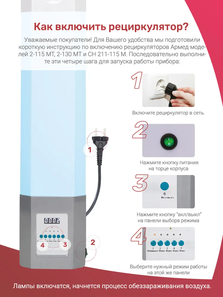 Рециркулятор облучатель бактерицидный медицинский Армед СН211-115 М (ультрафиолетовый для обеззараживания воздуха настенный передвижной лампы 2х15Вт)