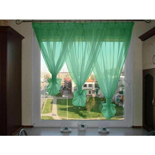 Шторы для кухни из тюля вуаль на ленте под крючки РМ-1 цвет зеленый