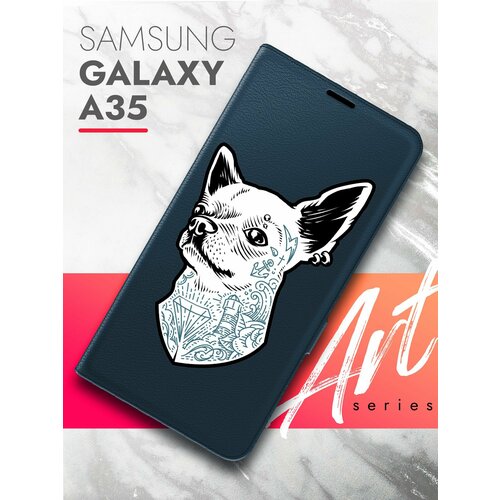 Чехол на Samsung Galaxy A35 (Самсунг Галакси А35) синий книжка эко-кожа подставка отделение для карт магнит Book case, Brozo (принт) Собака с тату чехол на samsung galaxy a35 самсунг галакси а35 синий книжка эко кожа подставка отделение для карт магнит book case brozo принт синий колокольчик