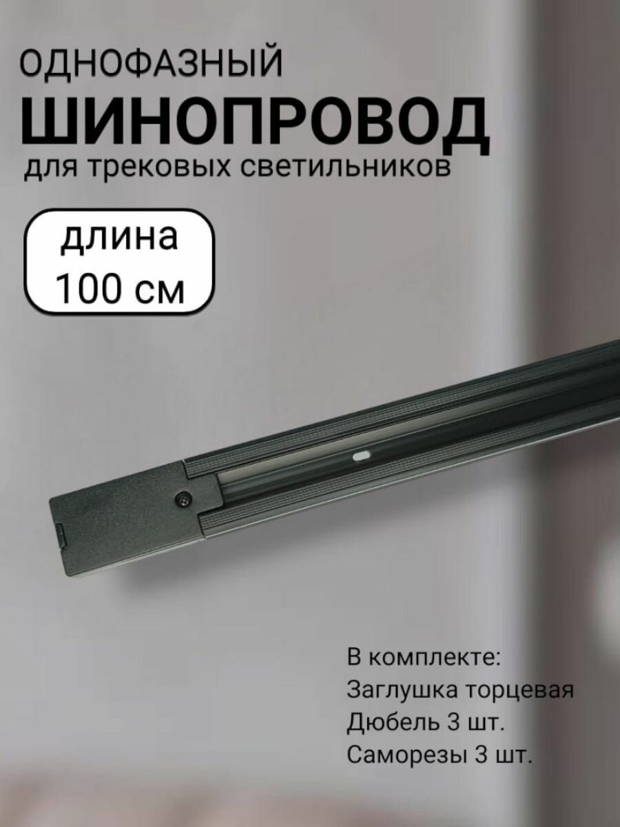 фото Шинопровод трековый однофазный с питанием и заглушкой 100см Черный