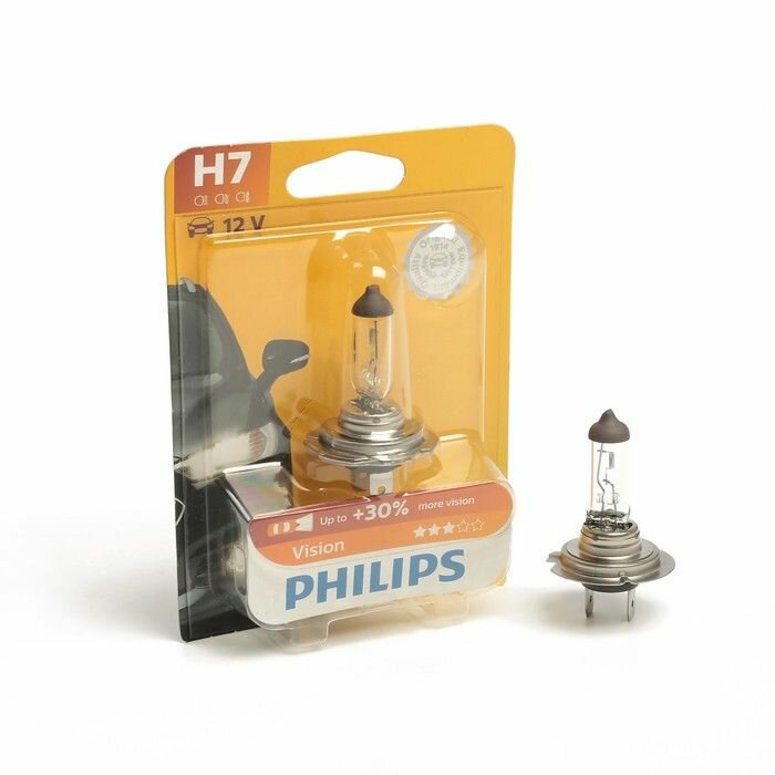 Лампа автомобильная галогеновая H7 PHILIPS Vision +30% яркость 12V 55W PX26d (блистер) 12972PRB1