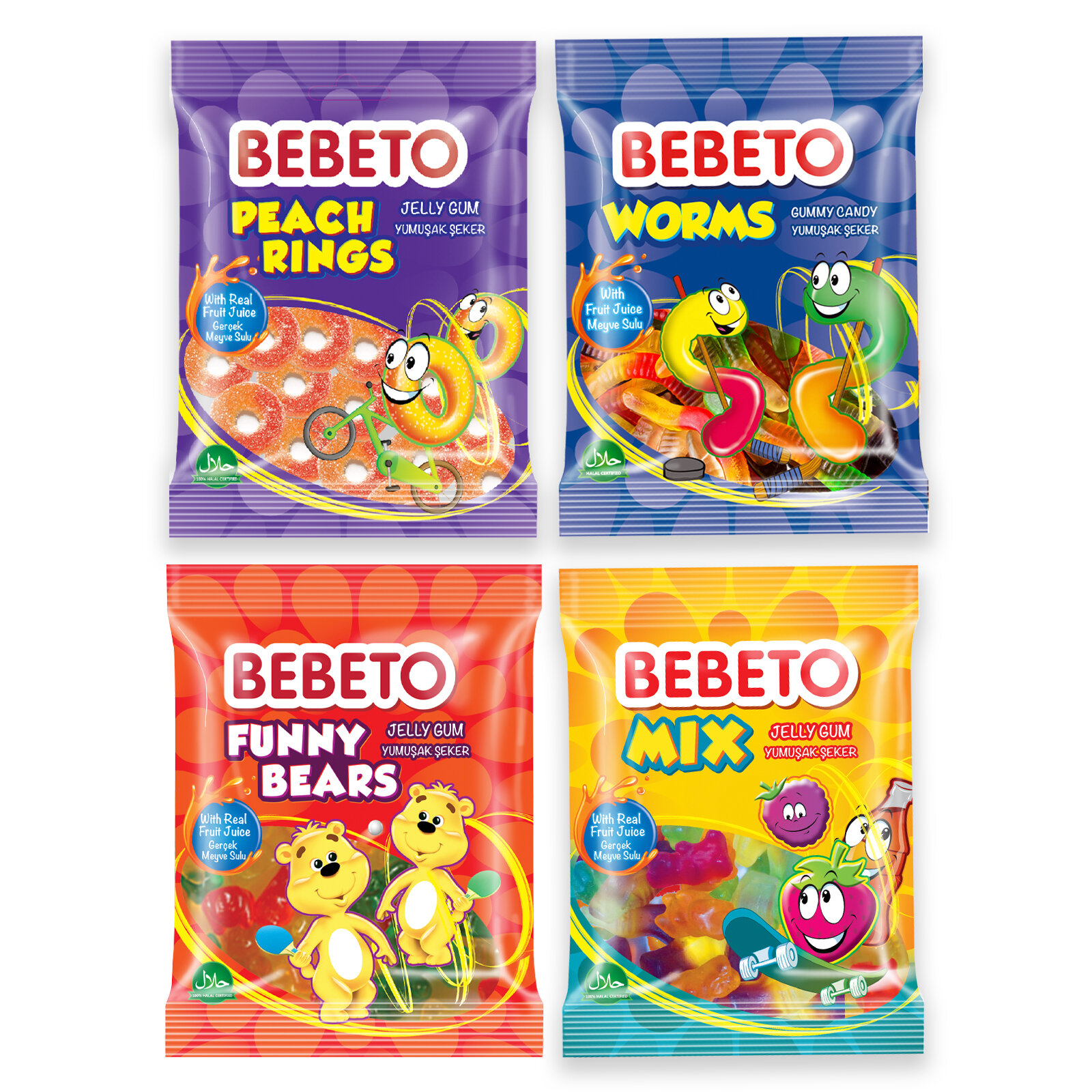 Мармелад жевательный Турция Ассорти "Funny Bears, Mix, Worms, Peach Rings" Bebeto, 280 грамм.