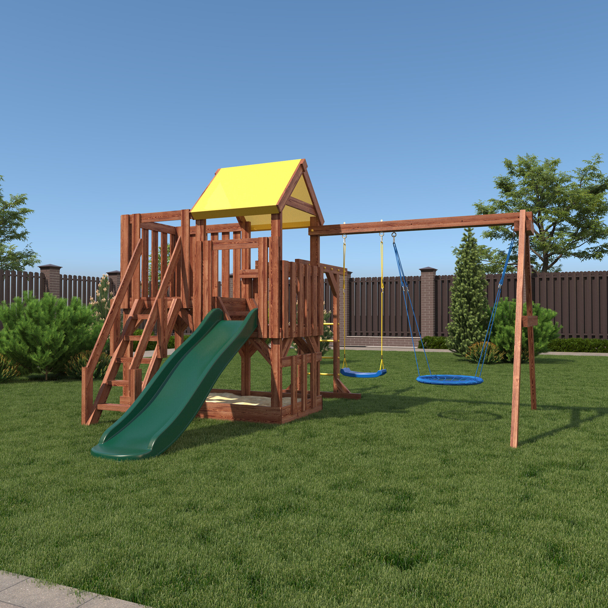 Деревянная детская игровая площадка CustWood Junior Color JC5 - безопасный и комфортный игровой спортивный комплекс / домик / площадка для дачи