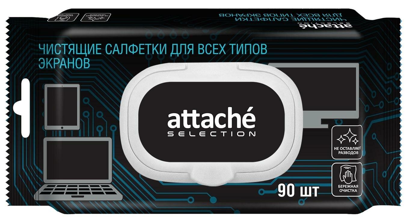 Салфетки Attache Selection для чистки экранов, с клапаном, 90 шт