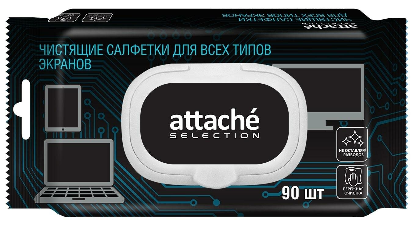 Салфетки влажные для чистки экранов Attache Selection с клапаном (90 штук в упаковке)