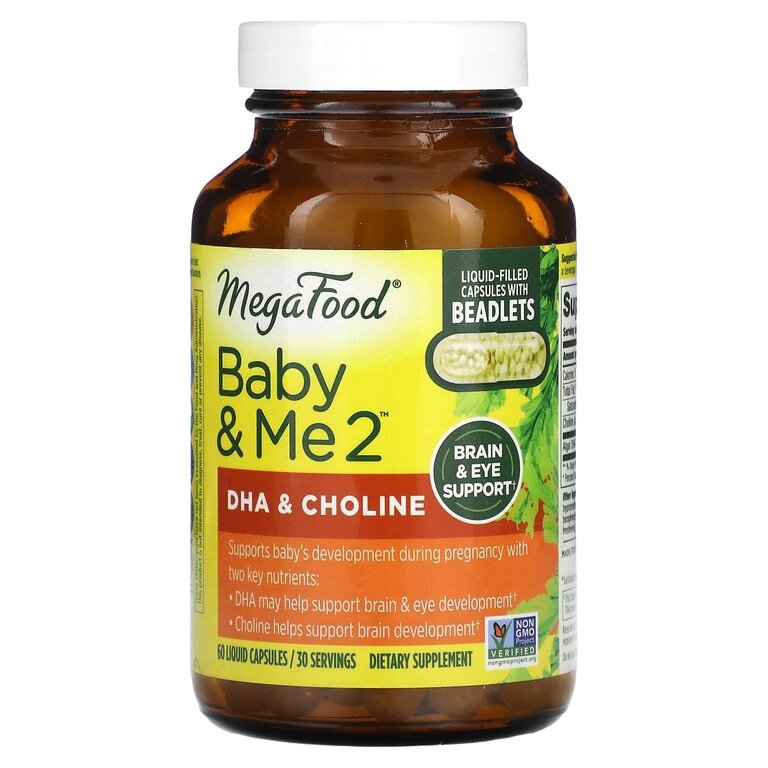 Baby & Me, MegaFood, поддержка мозга и зрения, ДГК, холин, для беременных, США, 60 капсул