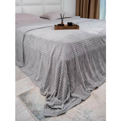 Плед серый плюшевый в кубик евро 200х220 см