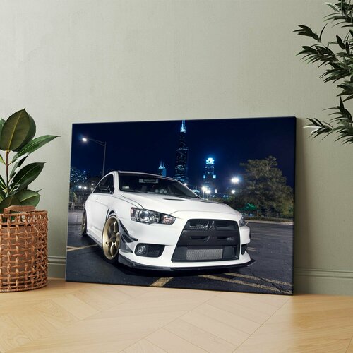 Картина на холсте (Белая машина припаркована на стоянке) 40x60 см. Интерьерная, на стену.