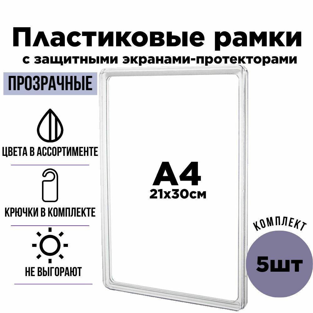 Пластиковая рамка А4 для детских рисунков , дипломов , сертификатов. Комплект из 5штук прозрачного цвета