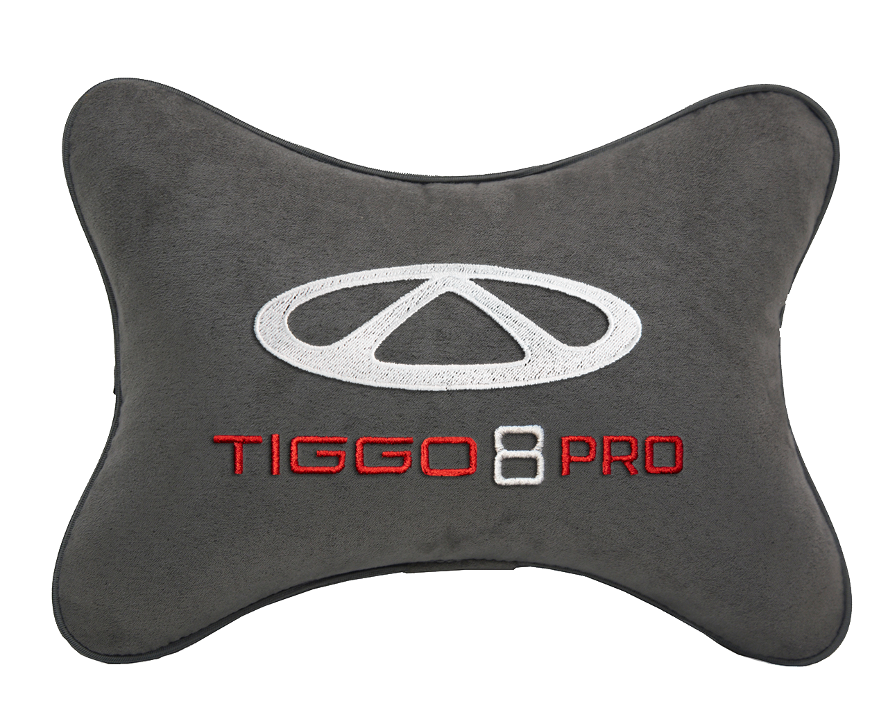 Автомобильная подушка на подголовник алькантара D.Grey с логотипом автомобиля CHERY Tiggo 8 PRO