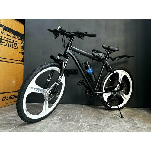 Велосипед горный RICHIESTO 26 колёса Литые диски ТРИ луча Взрослый Подростковый Спортивный черный с белыми колесами 25500₽