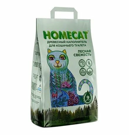 Homecat Лесная свежесть 9 л 3 кг древесный наполнитель для кошачьих туалетов мелкие гранулы