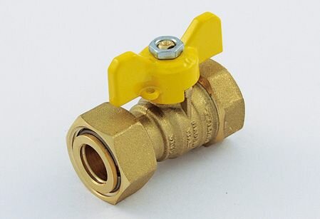 Кран прямой для газа с внутренней резьбой ISO228 с накидной гайкой и ручкой-бабочкой желтого цвета 1/2"х1/2" Tiemme
