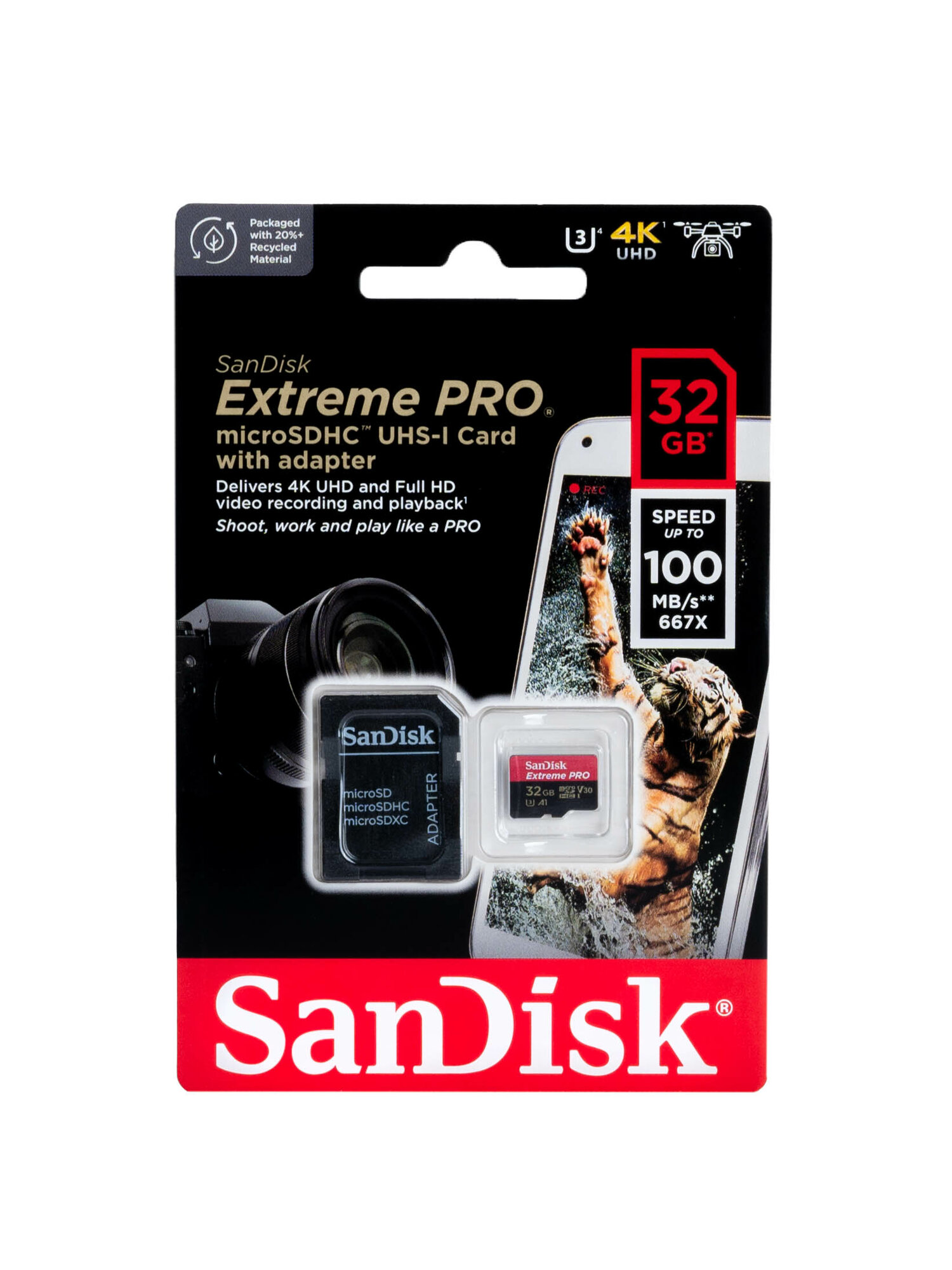 Карта памяти SanDisk Extreme PRO microSDHC 32 ГБ Class 10 UHS-I U3, V30, A1 (R/W 100/90 Mb/s) + SD адаптер