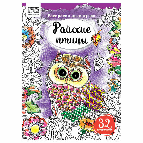 Раскраска А4 ТРИ совы Антистресс. Райские птицы, 16стр, 365317 книга раскрасок антистресс мистические совы