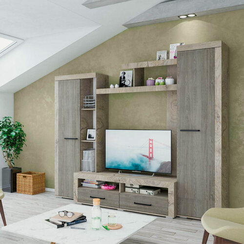 Изображение товара Стенка в гостиную Марсель-4 248х210,8х51,4 см, цвет дуб эндгрейн необработанный/ясень анкор темный