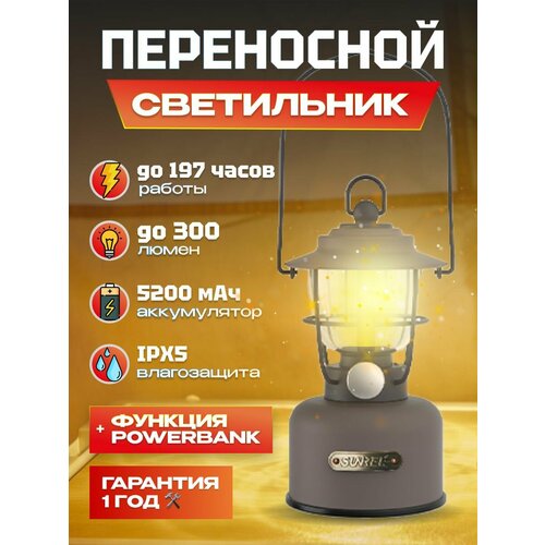 Ретро - светильник портативный многофункциональный Sunree Wraith Multifunctional Retro Lamp 300 лм, 2000.2700K, 5200мАч, , до 196(!) часов работы без подзарядки, функция Power Bank, плавная регулировка яркости, IPX5 (Wraith) серый
