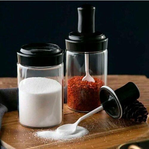 Банка для специй с ложкой, 15.5х6.5 см, 1 шт, прозрачный, черный