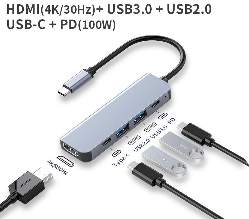 Хаб/концентратор 5 в 1 Type-C to 2x USB 3.0 / 1x Type-c(USB-C) / 1x PD / 1x HDMI(HDTV)