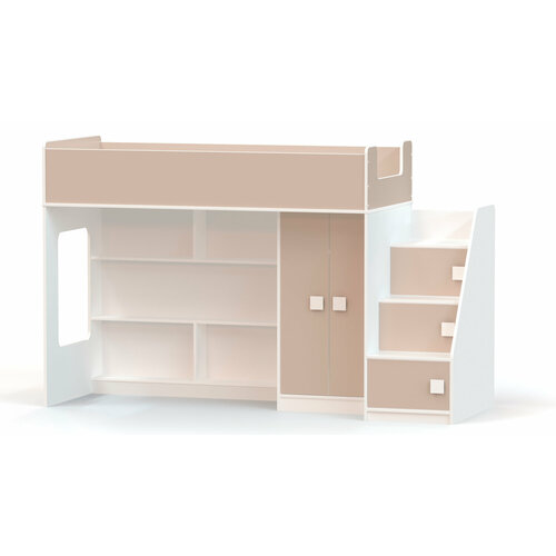 Кровать-чердак с прямым шкафом и угловой лестницей Ridgimmi 1.3 белая/капучино