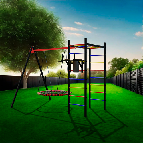 Уличный спортивно-игровой комплекс Sv Sport У3093 (ступени Разноцветные / Качели-гнездо 1.0м / Подвесы для качелей на подшипниках 1 комп.)