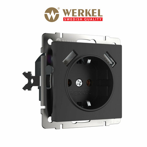 Розетка с заземлением, шторками и USBх2 Werkel W1171508 черный матовый IP20
