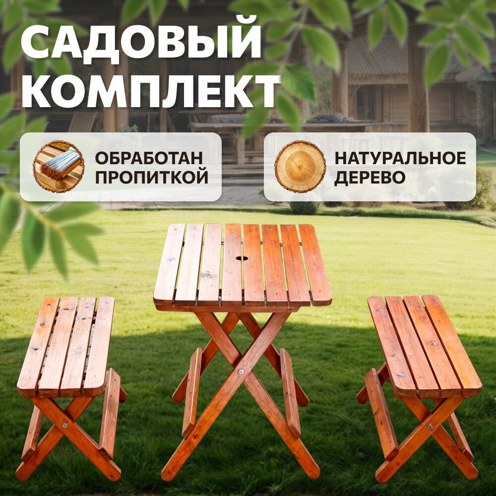 Набор садовой мебели из дерева / Комплект обеденный с двумя скамейками и столом / Обеденная мебель для дачи, для улицы, в беседку