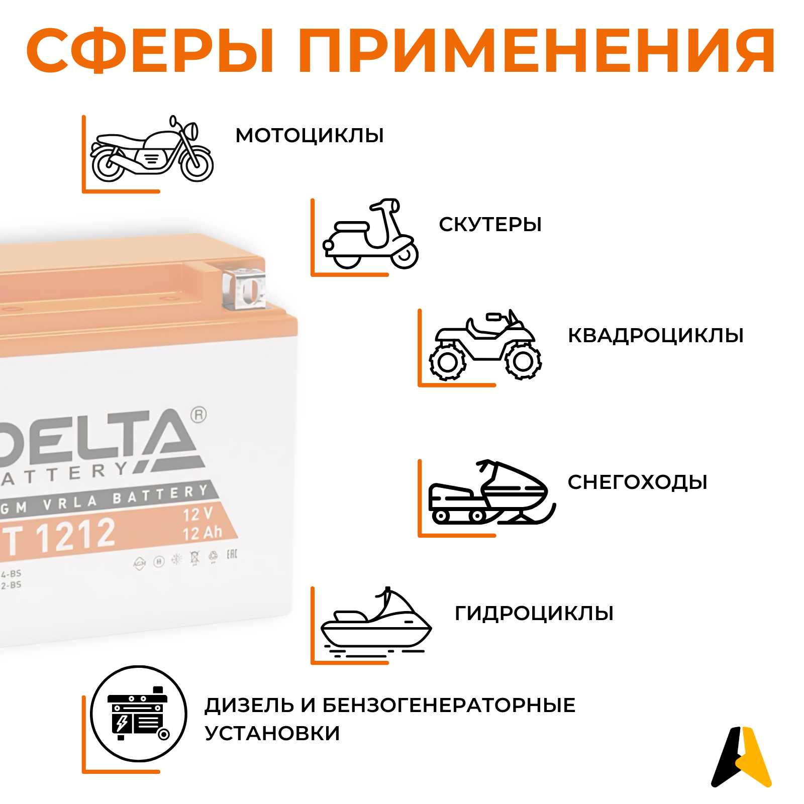 Мото аккумулятор DELTA Battery CT 1212 (YTX14-BS / YTX12-BS)